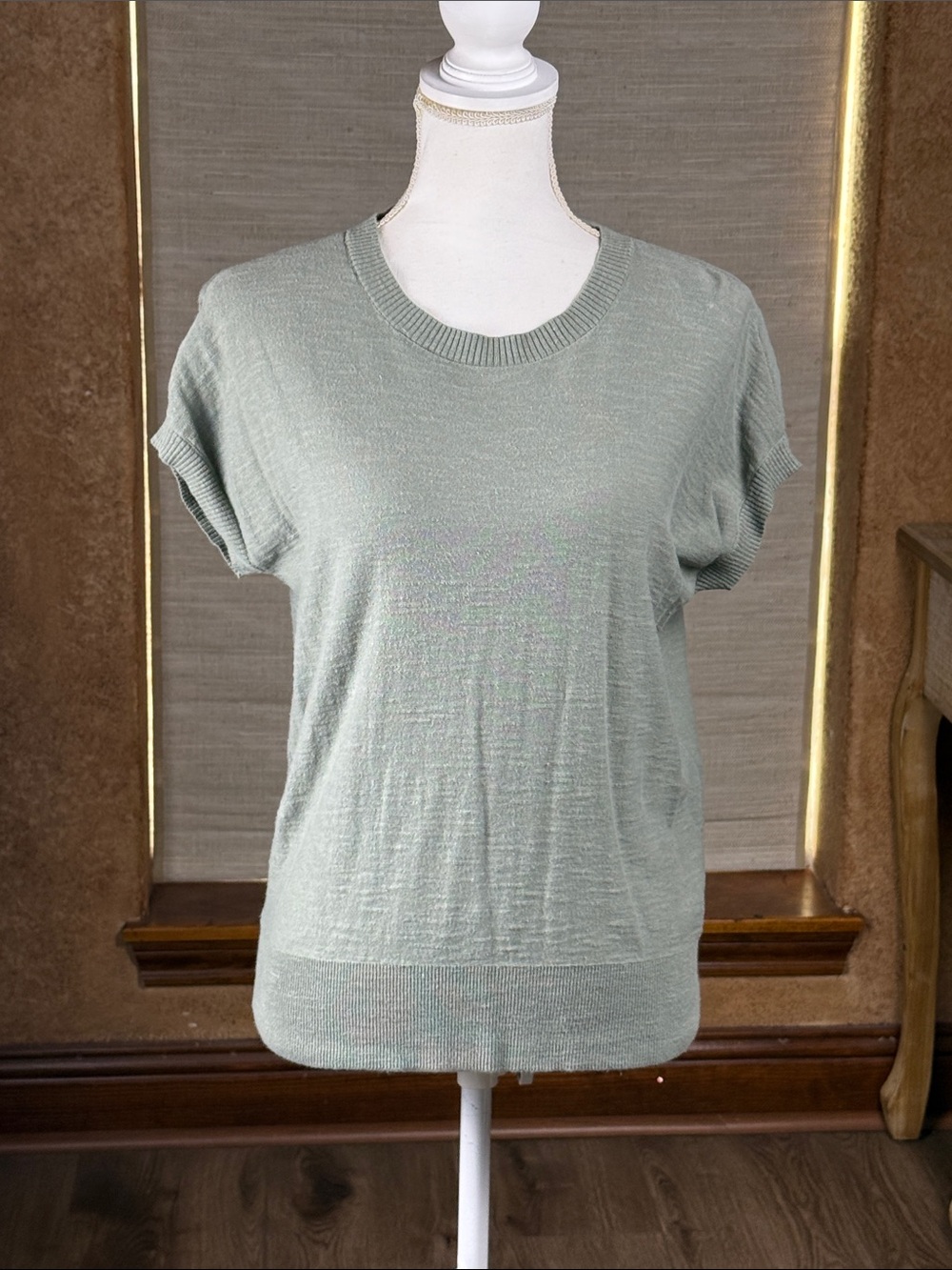 Loft Crewneck Lightweight Sage Green Sweater Dolman Short Sleeve
